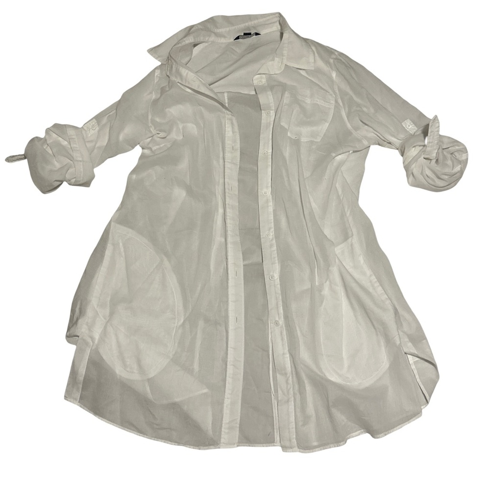 Lands’ End Modern Vintage White Sheer Button Down Tunic Size M 10 12